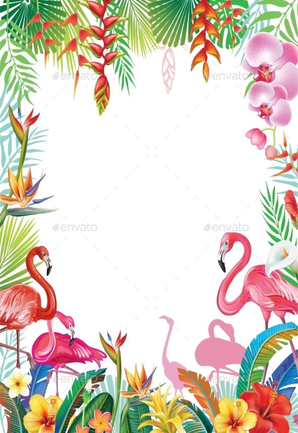 Frame from tropical flowers. Flamingo clipart border