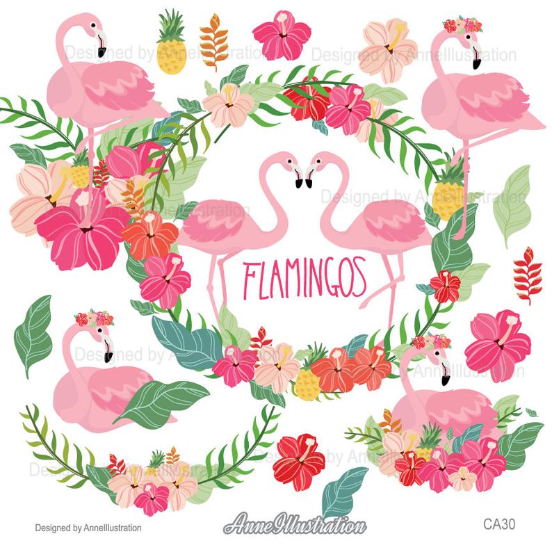 Flamingo clipart border. Summer love wreath vector