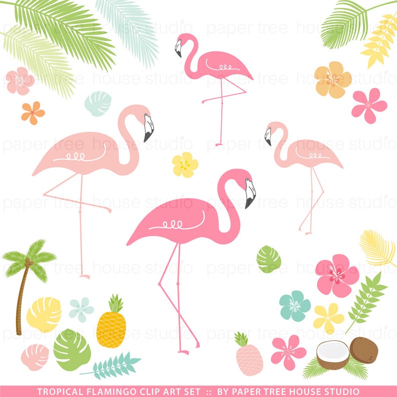 Pink pineapple clip art. Flamingo clipart palm tree