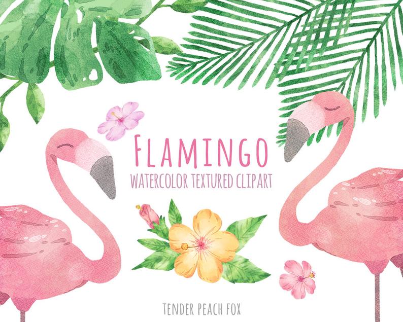 Flamingo clipart party hawaii. Watercolor tropical leaves flowers