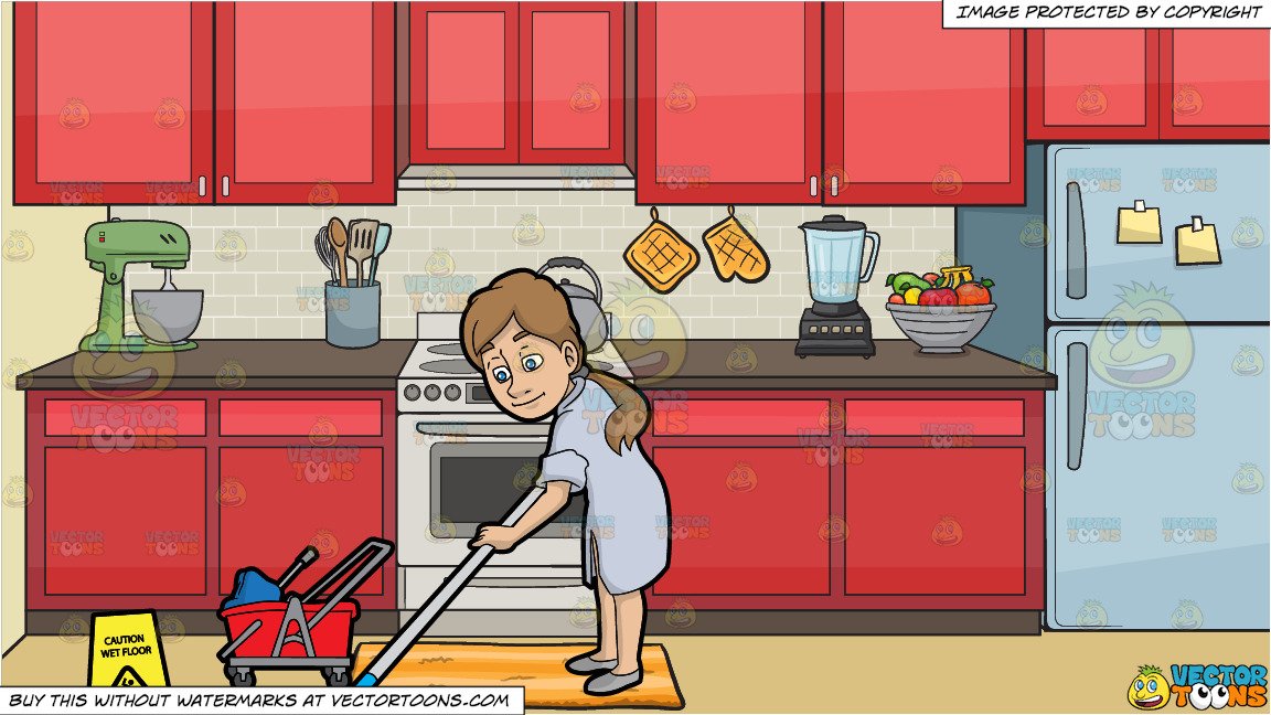 Floor clipart kitchen floor. A woman mopping wet