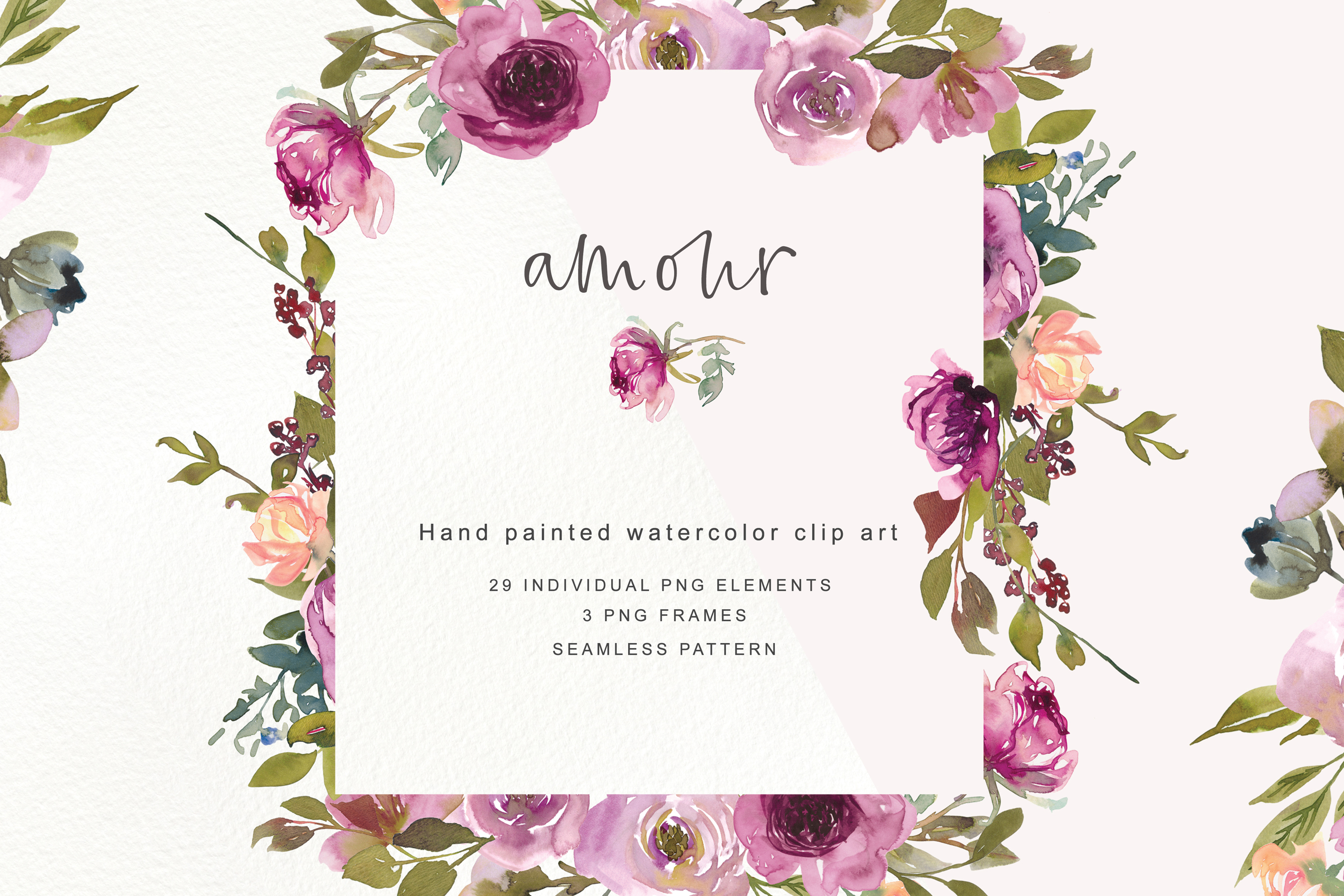 Watercolor burgundy set . Floral clipart picture frame
