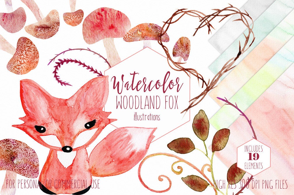 Woodland watercolor commercial use. Fox clipart frame