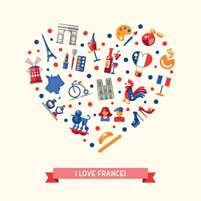 France travel icons postcard. French clipart heart