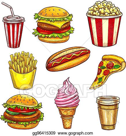 Vector fast lunch dishes. Hamburger clipart takeaway food