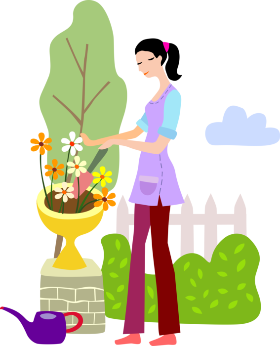 Plants flowers with trowel. Gardener clipart backyard garden
