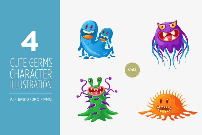 Germs clipart character. Cute and bacteria set