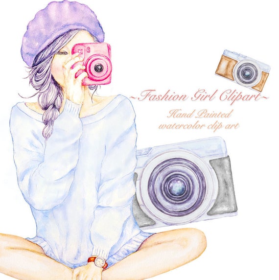 Photography girl with cameras. Photograph clipart travel camera