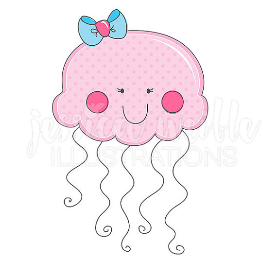 Girly cute digital pink. Cartoon clipart jellyfish