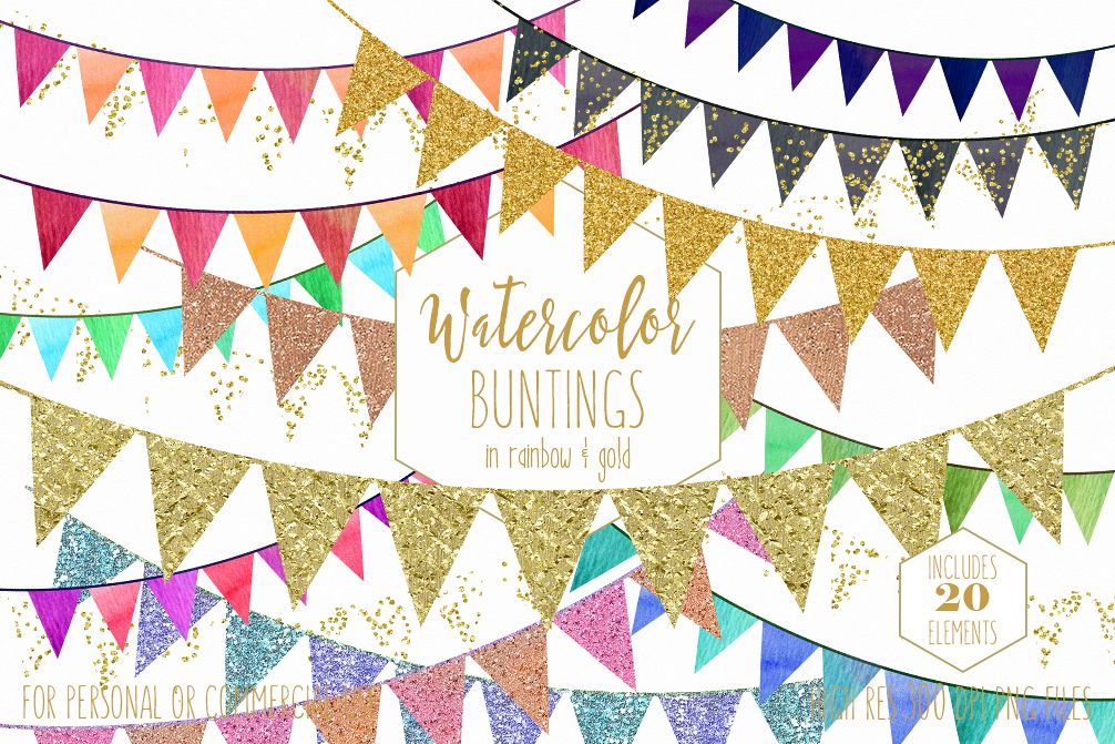 Pennant clipart bunting. Gold banner rainbow watercolor
