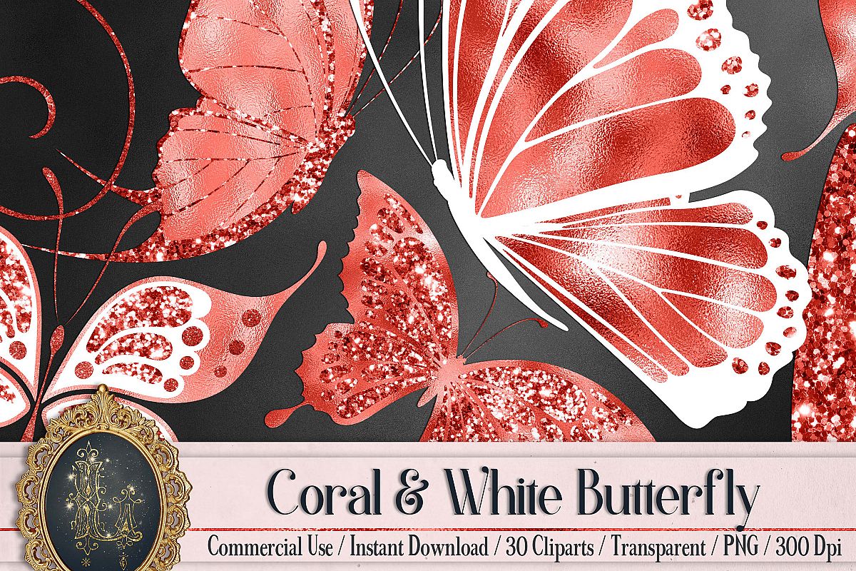 glitter clipart coral butterfly