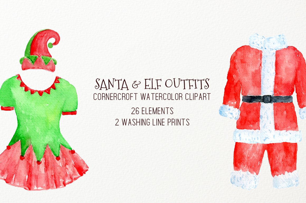 Watercolor christmas santa outfit. Glove clipart elf clothes