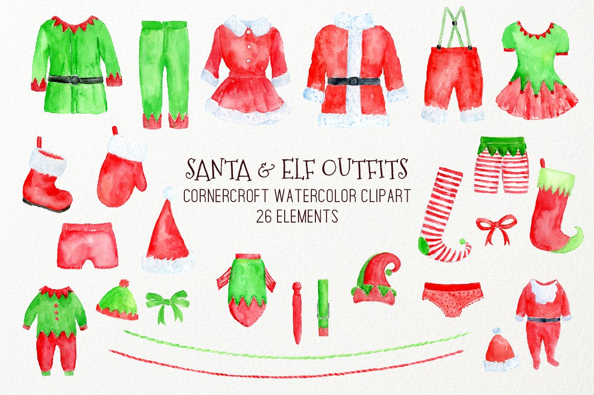Glove clipart elf clothes. Watercolor christmas santa outfit