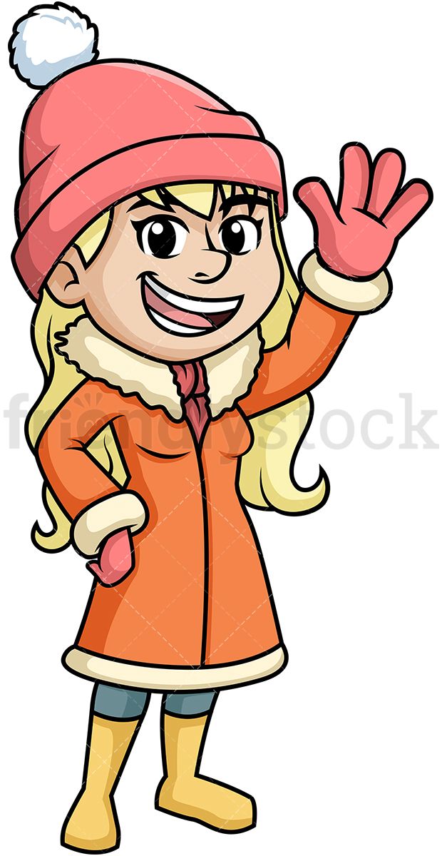 Cute in clothing waving. Winter clipart woman