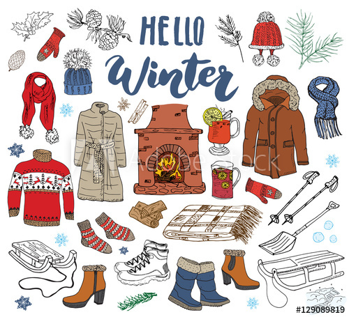 Winter set doodle elements. Glove clipart season clothes