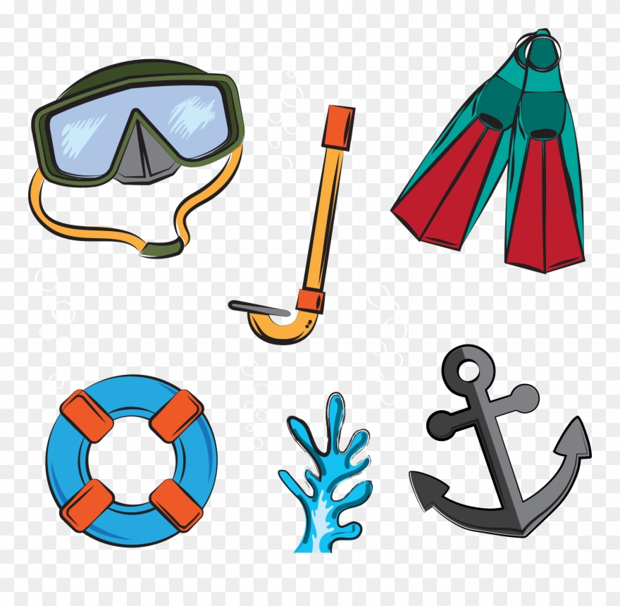 Swimming flipper underwater diving. Goggles clipart swim fin