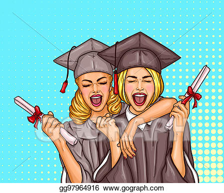 Graduate clipart excited. Two pop art girls