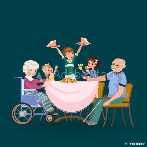 Eating dinner at home. Grandmother clipart taking care family