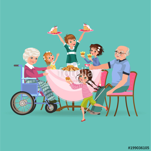 Eating dinner at home. Grandmother clipart taking care family