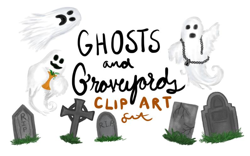 Ghosts and gravestones clip. Gravestone clipart painting