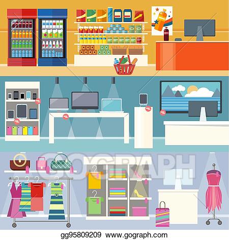 Vector illustration interiors stores. Grocery clipart food clothing