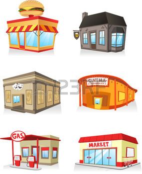 Cartoon food set fast. Grocery clipart public market building