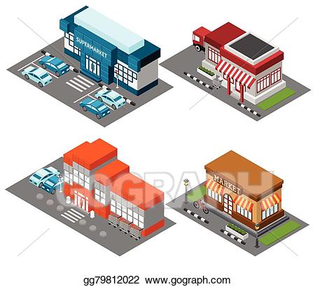 Vector illustration supermarket stores. Grocery clipart shopping mall building