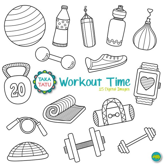 Workout digital stamp pack. Gym clipart gym time