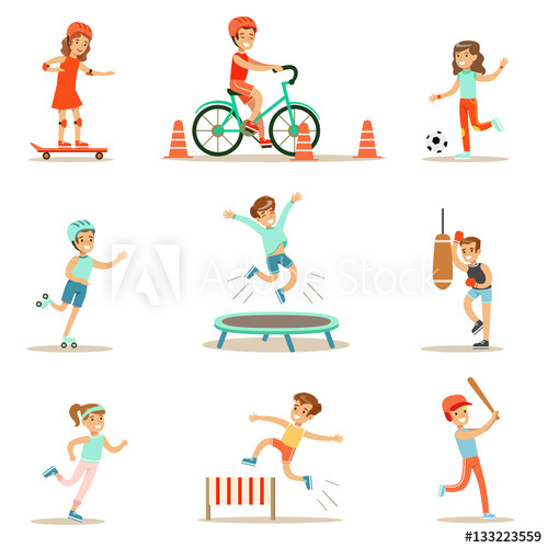 Kids practicing different sports. Gym clipart physical education child