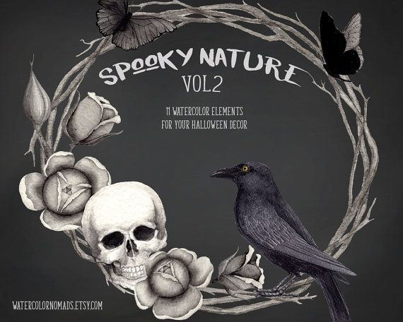 Halloween clipart gothic. Watercolor raven spooky 