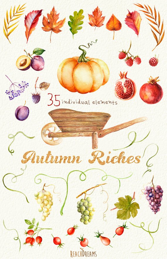 Autumn watercolor fall halloween. Harvest clipart motive