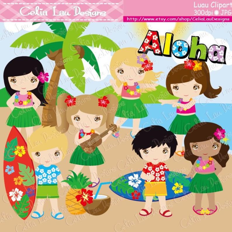 Hawaii clipart cute. Luau party hula girl