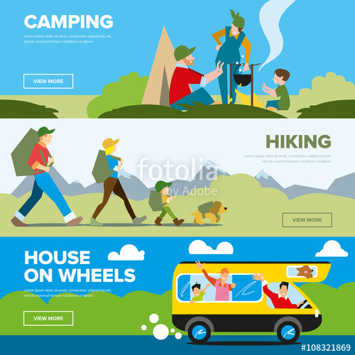 Banners of hiking and. Hiker clipart family adventure