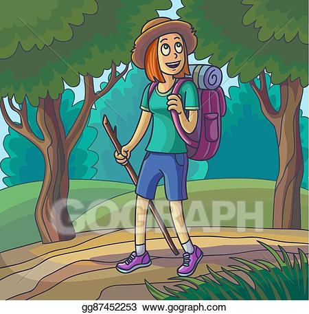 Vector stock hiking girl. Hiker clipart lost tourist