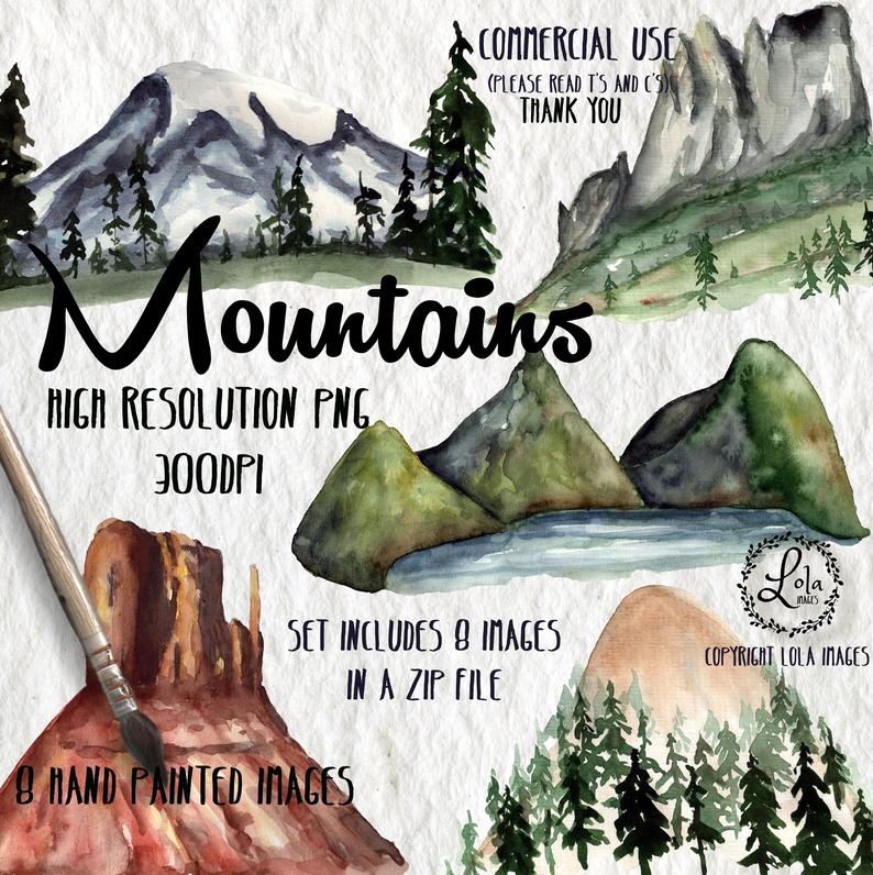Watercolor mountains nature hiking. Hills clipart cute