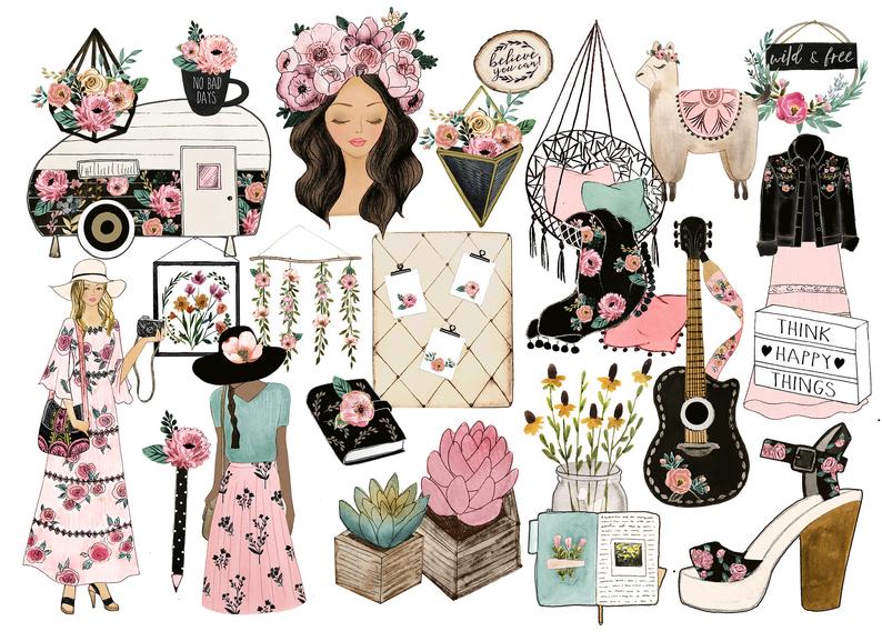 Boho planner fashion summer. Hippie clipart spring