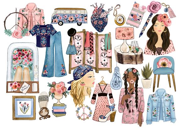 Hippie clipart spring. Boho planner fashion summer