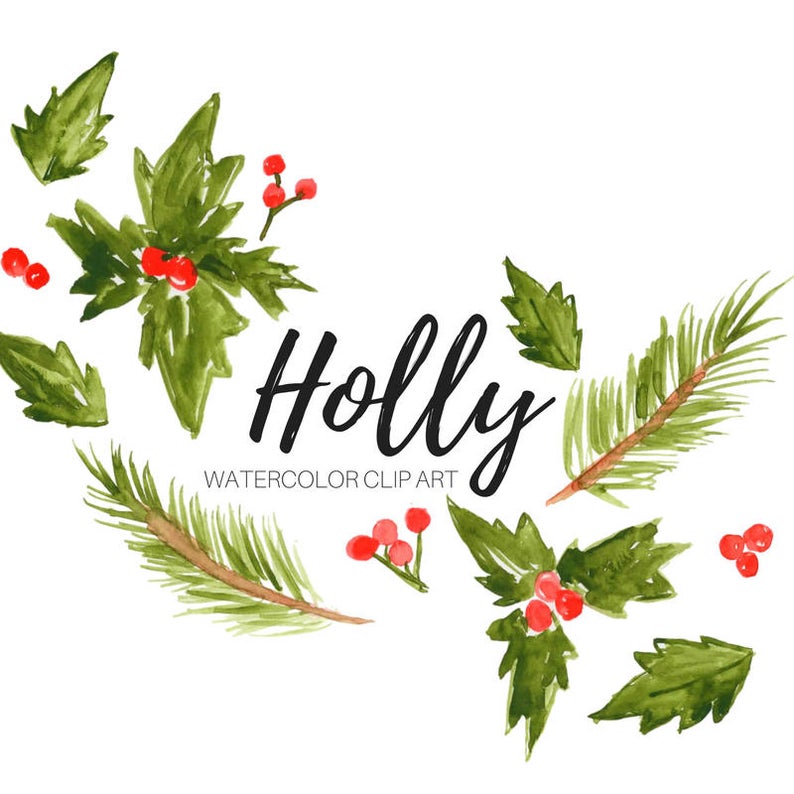 Christmas floral graphics wreath. Holly clipart watercolor