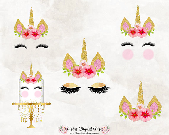 Face eyelashes flowers cake. Horn clipart unicorn gold