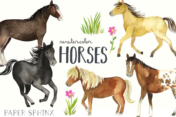 Watercolor pack illustrations creative. Horses clipart
