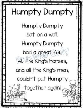 Printable nursery rhyme for. Humpty dumpty clipart poem