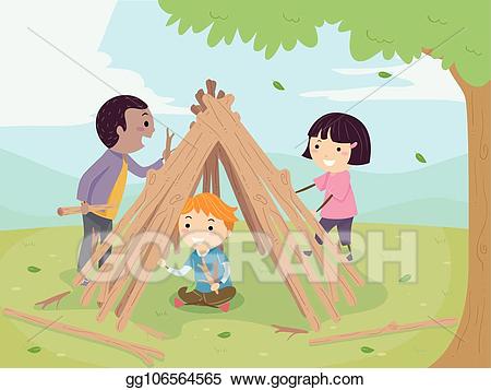 Hut clipart kid. Vector art stickman kids