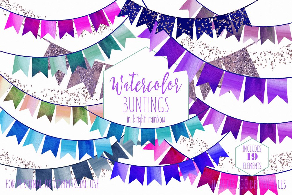 Rainbow bunting watercolor double. Invitation clipart banner