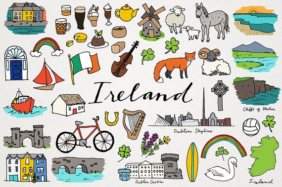 Ireland city and country. Irish clipart landmarks