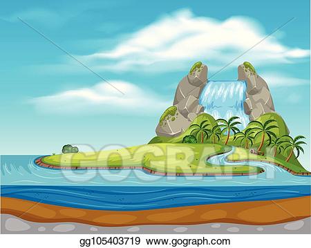 Eps illustration a waterfall. Island clipart beautiful island