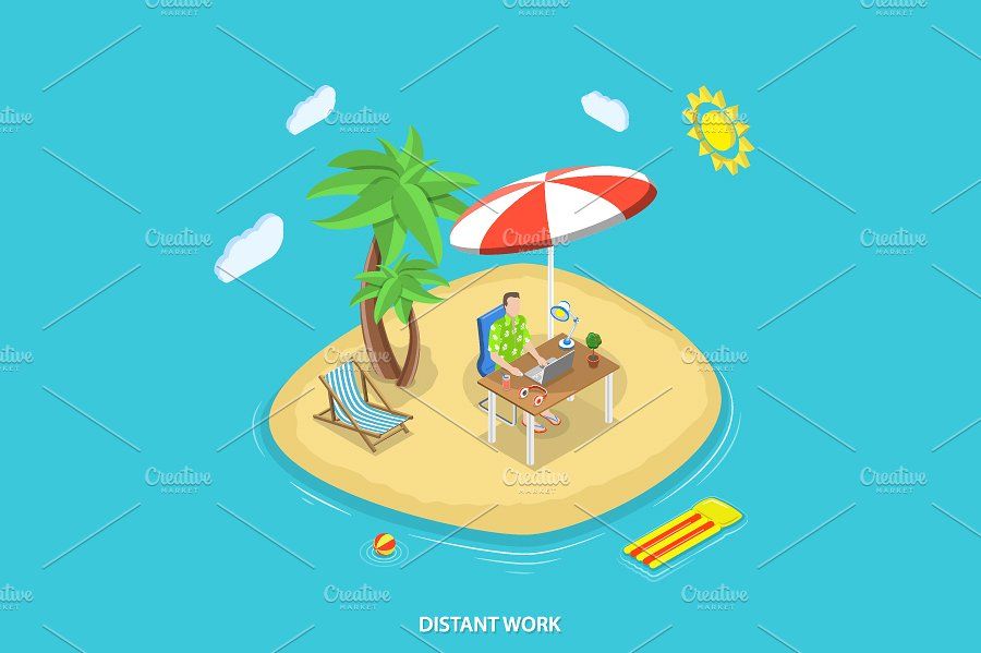 Island clipart distant. Work isometric concept table