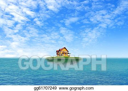 Drawing house on green. Island clipart sky ocean