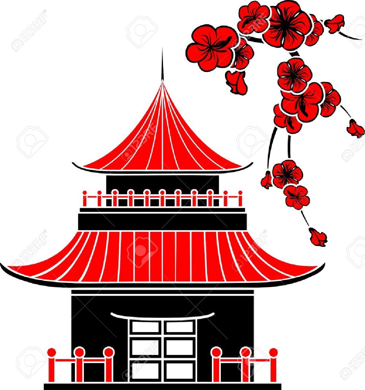 House cherry blossoms stencil. Asian clipart gate
