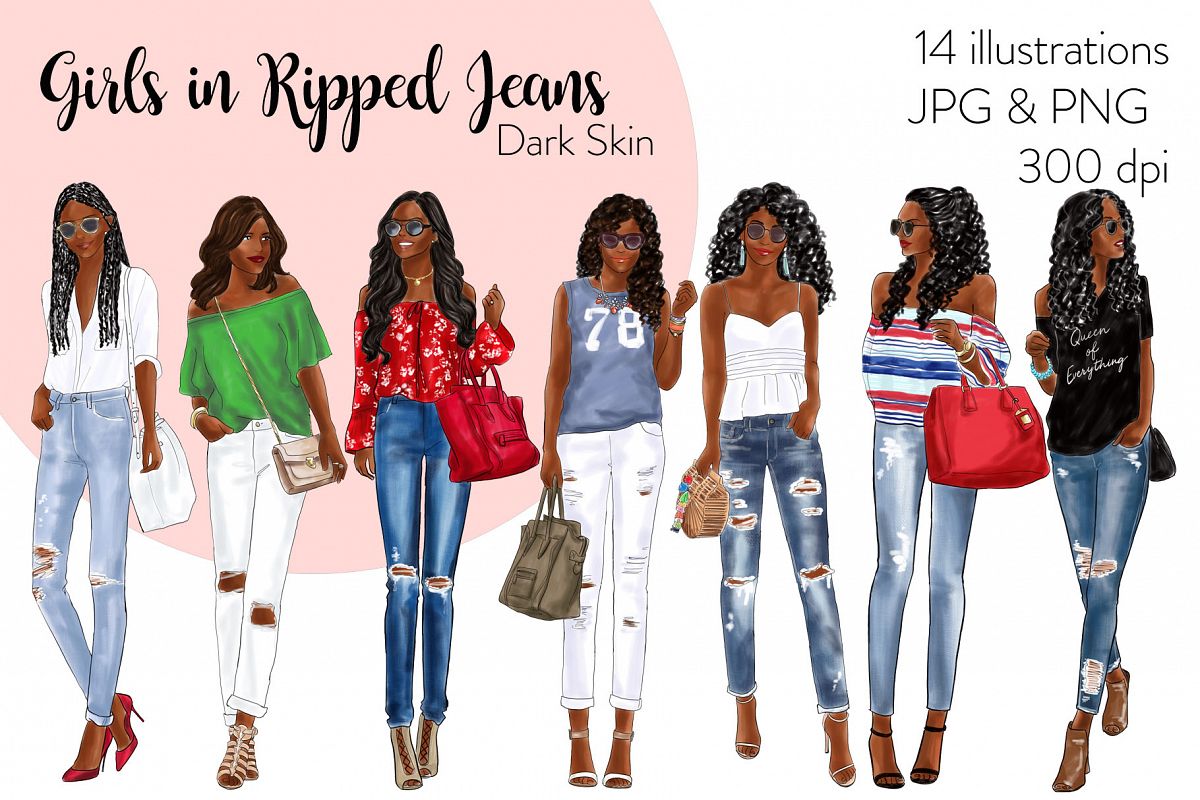 Fashion girls in ripped. Jeans clipart girl jeans