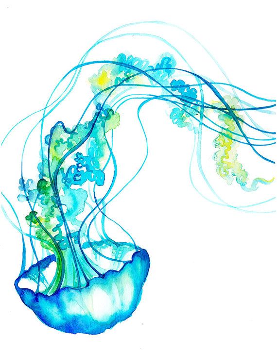 Blue watercolor print fun. Jellyfish clipart colourful